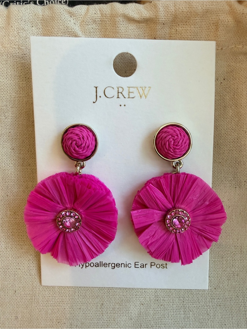 J. Crew Hot Pink Raffia Drop Earrings with Crystal Centers